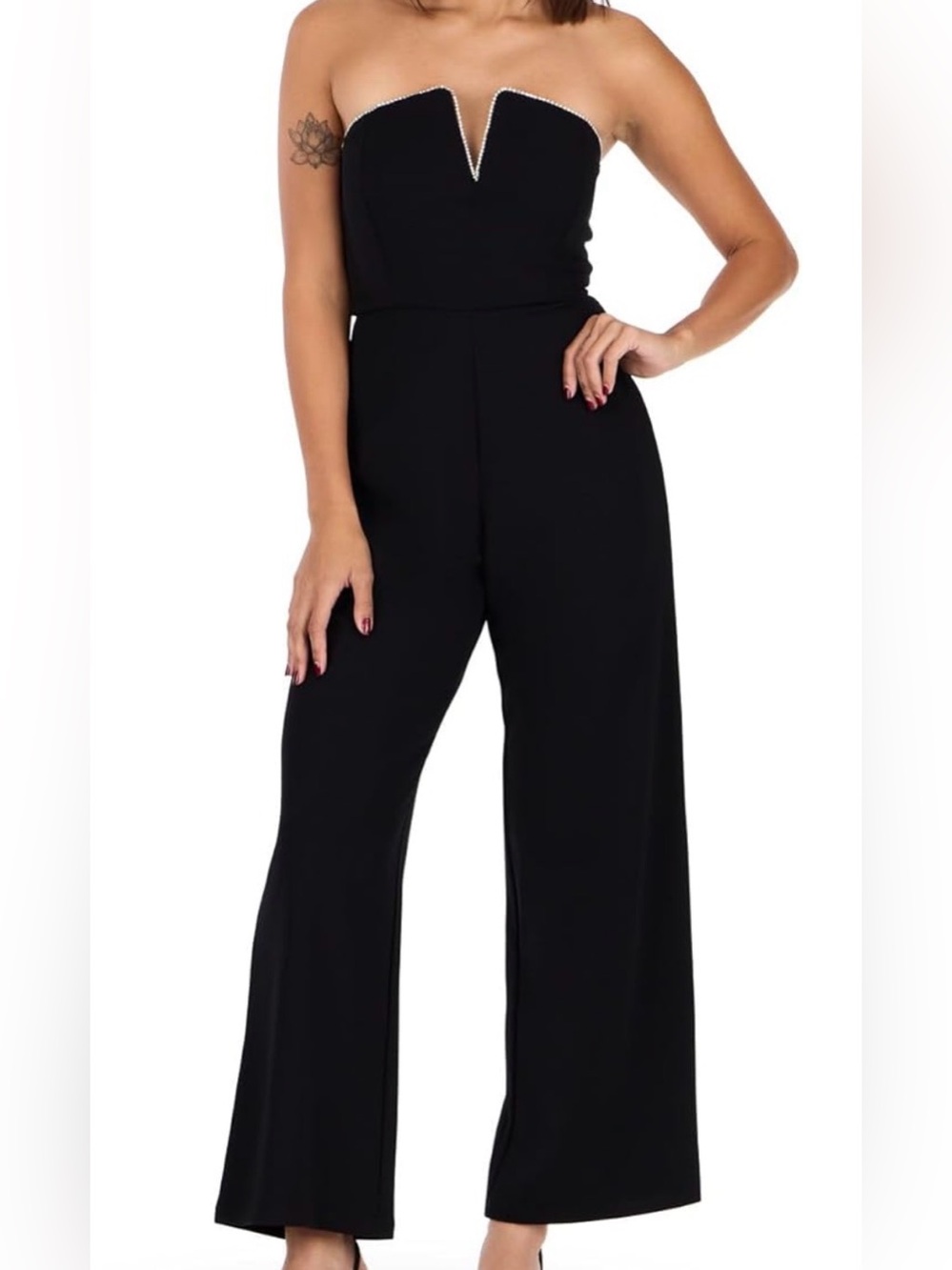 Forever 21 Black Strapless Wide-Leg Jumpsuit V-Notch Rhinestone Trimmed Neckline